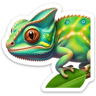 cinematic cute-smiling baby chameleon-realistic emoji,-blending-with-vibrant-greenery.-detailed-scales-in-shifting-colors,-showing-the-chameleon’s-ability-to-camouflage.-soft-natural-light-highlights-its-texture.-light-background, zoomed into its face sticker