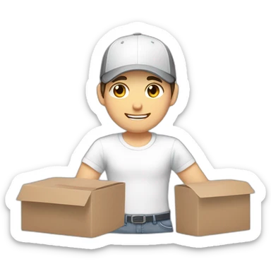 Pale skinned fit Man with dark brown hair in a white cap, gray jeans and gray polo T-shirt keeping a pasted with tape box into his hands sticker