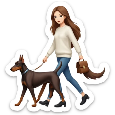 A beautiful long-haired white woman wearing a white sweater walking a Doberman sticker