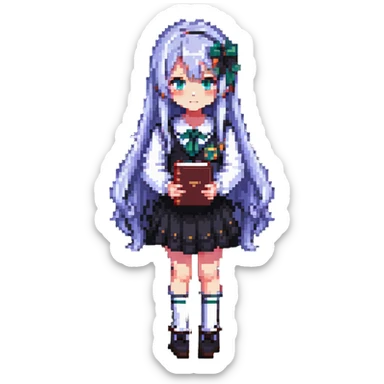 Japanese anime schoolgirl with long hair holding a book in pixel art style sticker