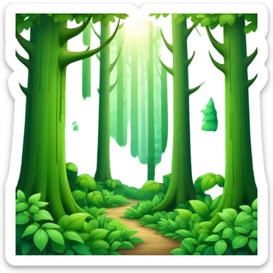 A vibrant, cartoon-style emoji of a dense green forest with tall trees, soft sunlight filtering through leaves, and a misty atmosphere, in shades of emerald and moss green. sticker