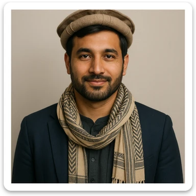 Pashtun man in modern clothing with a traditional scarf, short beard, friendly expression, neutral background sticker