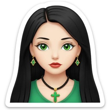 Girl, long black straight hair, green eyes, plump lips, cross necklace  sticker