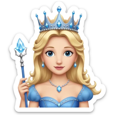 Glinda from Wicked, cheerful, blonde hair, sparkly crown, blue gown, holding a wand sticker