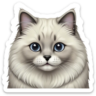 Cinematic Adorable Fluffy Grey Seal Ragdoll Cat Portrait Emoji, Head tilted gracefully with large, sparkling eyes, soft grey fur with darker seal points on the ears, face, and paws, Simplified yet majestic features, highly detailed, glowing with a soft, warm glow, high shine, calm and affectionate, stylized with a touch of elegance, bright and endearing, soft glowing outline, capturing the essence of a regal and loving kitty, so serene it feels like it could glide across the screen with its dignified presence! sticker