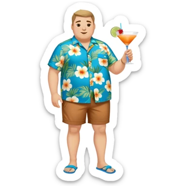 chubby guy full figure in a flowered azure havai shirt, brown shorts and flippers holding a cocktail sticker