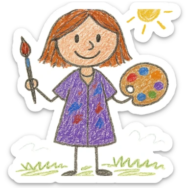 Serene female oil painter, Caucasian features, shoulder-length auburn hair, soft brown eyes, gentle smile, wearing a violet painter’s smock lightly stained with paint over a beige blouse, holding a wooden palette with vibrant colors in one hand and a brush in the other, waist-up, front-facing sticker