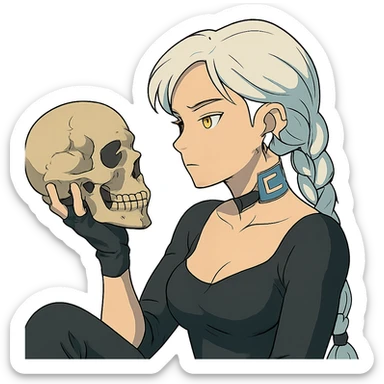 she is holding a skull, pondering as in shakespeare, a closeup portrait of young woman with gold yellow eyes, white hair, long braid, black off-shoulder top d-cup, punk gothic style, futuristic cyberwave cyberpunk, sitting position sticker