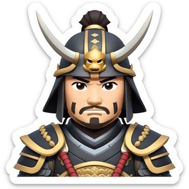 clash-of-clans-aesthetic_-cinematic-fearsome-and-majestic-samurai-bust-portrait-emoji, rendered in a flat, vector-style with minimal shading and bold, simplified shapes typical of emoji art, depicting a battle-hardened samurai with steely eyes and traditional black Japanese armor, riding a noble grey warhorse adorned with an intricately designed saddle and fluttering banners, against a backdrop of cherry blossoms and a rising sun. sticker