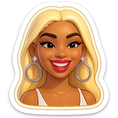 Make her smile, keep the emoji-style head of a young Dominican woman inspired by Yailin La Más Viral, light brown skin, long straight platinum blonde hair, arched eyebrows, long lashes, glossy lips, stylish makeup, confident diva-like expression, bold hoop earrings, modern urban vibe, fierce and glamorous, with no background sticker
