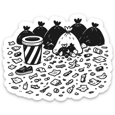 Make the trash on the floor look much messier, with more scattered items, in a hand-drawn doodle style, no background. sticker