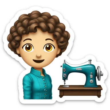 Senhora com cabelo castanho ondulado comprido costureira com máquina de costura antiga azul turquesa  sticker