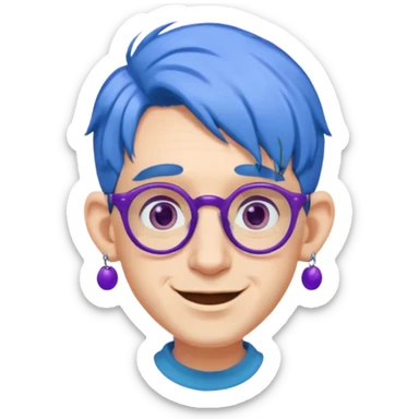 blue haired man mid length hair with big ears and purple earrings and spectaclesi happy sticker