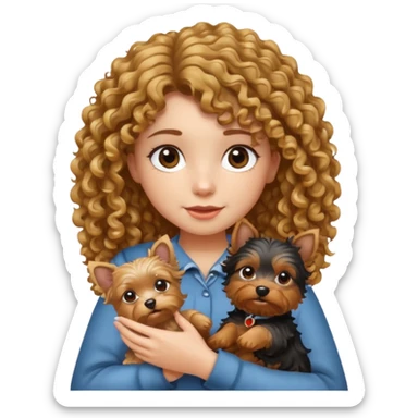 Chica  con pelo rizado con un yorshire en las manos sticker