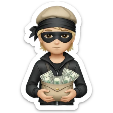 A blonded hair boy, blindfolded, hat and thief's clothes, with a bag of money in his lap. sticker
