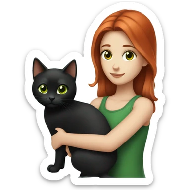 girl with red hair and brown eyes holding a black cat with green eyes sticker