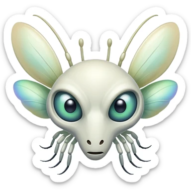 A white, alien mantis-like face with 8 eyes sticker