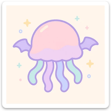 kawaii style jellyfish with no face, pastel dreamy colors, with small bat wings, whimsical atmosphere sticker