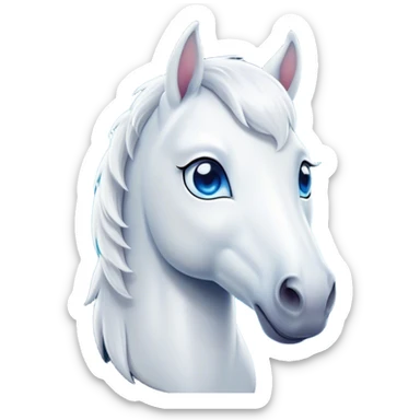 Cinematic Cute White Horse Portrait Emoji, Head tilted playfully and inquisitively, showcasing a glossy white fur with a luminous sheen and gentle, expressive blue eyes, Simplified yet irresistibly adorable features, highly detailed, glowing with a warm, friendly glow, high shine, affectionate and spirited, stylized with a touch of whimsy, bright and endearing, soft glowing outline, capturing the essence of a mischievous yet loving horse, so playful it feels like it could prance out of the screen and into your arms! sticker