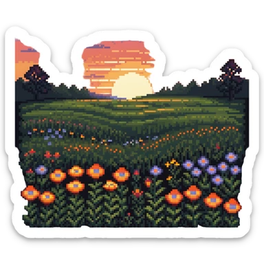 sunset over a meadow with flowers sticker