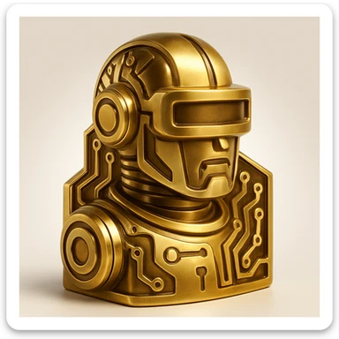 Remove any 'being programmed' text from the image. Keep only the art deco robot logo with stylized circuitry. Use gold and black colors with streamlined forms and bold outlines. No text should be present in the image. sticker