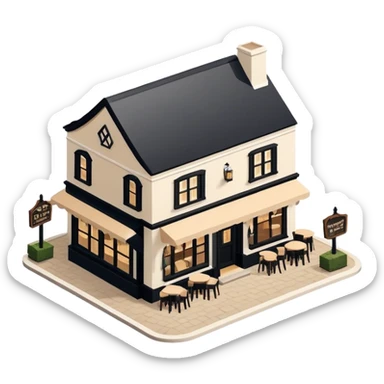 Isometric exterior little black, beige, and white mountain pub restaurant, dollhouse style 3D realistic  sticker