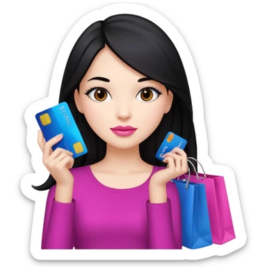 Girl with long black hair, pink lipstick, brown eyes holding shopping bags and blue credit card sticker