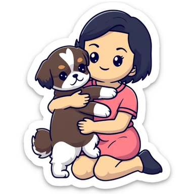 A girl with black hair hugging a Shih Tzu dog sticker