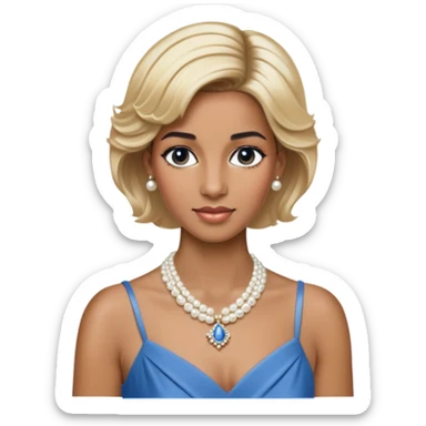 black woman with Princess Diana's iconic short blonde hairstyle, pearl necklace, and elegant blue dress sticker