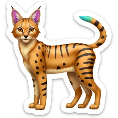 Colorful cartoon bright shiny vibrant iridescent neon tropical exotic anime Striped and spotted Lynx-Caracal-Serval-hybrid full body sticker