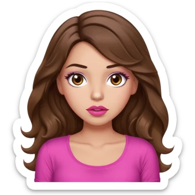 girl with long wavy brown hair, brown eyes, light to medium complexion, in a pink sexy top, pink puckered lips, long lashes, shrugging sticker
