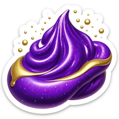 Cinematic Realistic Shiny Slime Mixed with Glitter, thick and glossy with swirling metallic flecks suspended inside, a dynamic mix of deep purple and golden sparkles, light catching every shimmer, flowing smoothly with realistic folds and ripples, glowing with an enchanting, almost liquid-metal effect. sticker