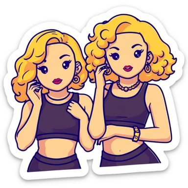 Two teenage girls together, one blonde and one with curly brown hair, both with heavy makeup, big lips, crop tops, gold jewelry and flashy choni style outfits sticker