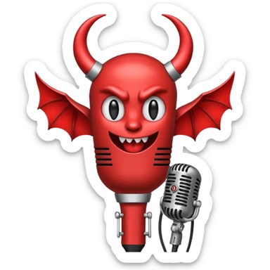Minimalist emoji-style sticker of a classic retro microphone with small devil horns and a subtle tail wrapping the base. Grayscale with slight red accents.
 sticker