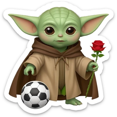 baby yoda kicking a soccer ball with small roses beside him sticker