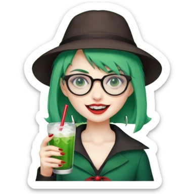 vampire green hair Drink holders with hat, wearing glasses, female,,teeth looks like vampire sticker