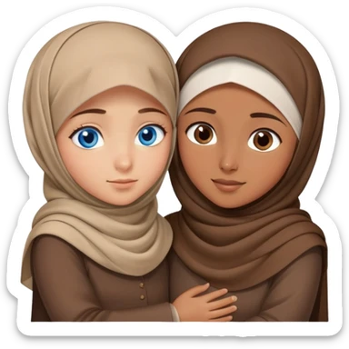 Turkish beautiful finish Konya girl blue eyes with brown beige hijab islamic dress and hugs with brother  sticker