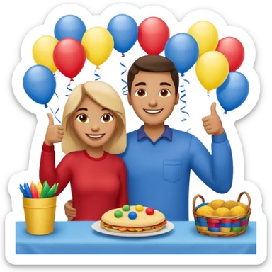 party table decorated with red blue and yellow colors, including a backdrops, balloons arch, streamers and more. On the table are intricate displays of colombian arepas, and baskets of money. In the forefront is a woman and man in simple clothing, big smiles and big thumbs up sticker