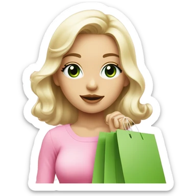 cute platinum blonde with green eyes wearing pink surrounded by pink shopping bags sticker