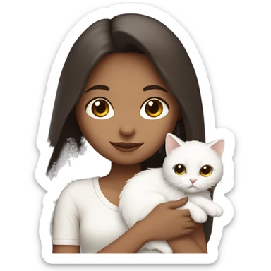 Dark brown straight hair girl holding white fluffy cat  sticker