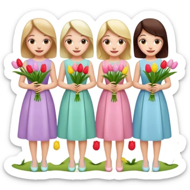 5 girls at a garden party wearing pastel dresses and holding tulips sticker