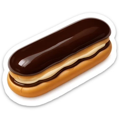 Add a glossy chocolate glaze on top of the dairy-filled eclair, keeping the style and background the same as the original image. sticker
