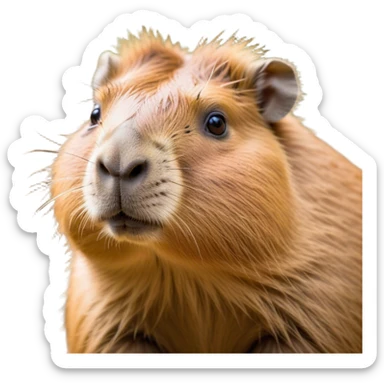 Cinematic Cute Capybara Portrait Emoji, Head tilted playfully and inquisitively, with a delightfully fluffy, rounded form and a distinctively endearing capybara face marked by a short snout and petite ears, accented by luxuriously soft fur in warm earthy tones and bright, sparkling eyes full of charm; rendered with intricate, realistic detail and natural highlights, high shine, affectionate and lively, styled with a touch of whimsical cuteness, soft glowing outline, capturing the essence of a mischievous yet loving capybara that seems poised to tumble playfully into your arms! sticker