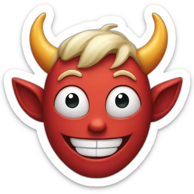 a cheerful face shows a gesture of fun and on his head he has devil horns sticker