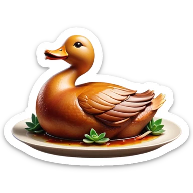 Cinematic Realistic Peking Duck Dish Emoji, depicted with crispy, roasted duck with glistening skin and succulent meat, rendered with rich textures and dramatic, appetizing lighting. sticker