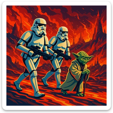 vector art of a Starwars stormtroopers is walking on lava planet with yoda, battleground background 
 sticker