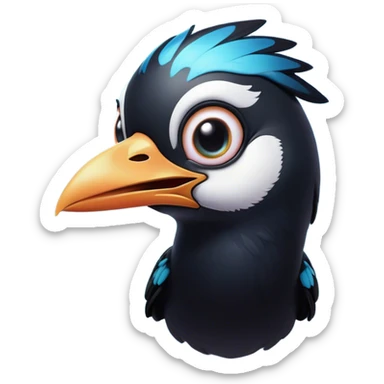 Cinematic Comical Magpie Portrait Emoji, Head tilted dramatically with an exaggeratedly shocked expression, featuring a vibrant, glossy form with wide, comically expressive eyes full of playful disbelief and a subtly animated beak, Simplified yet hilariously expressive features, highly detailed, glowing with a slightly sassy urban glow, high shine, dramatic yet playful, stylized with an air of cheeky mischief, soft glowing outline, capturing the essence of a meme-worthy magpie that looks ready to side-eye its way into viral fame! sticker