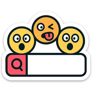 playful icon of a search bar with silly or surprised emoji faces popping out sticker