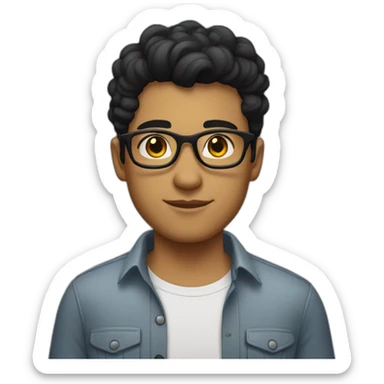 A fair young man with black eyes and black hair, glasses and a shirt with nice hairstyles   sticker