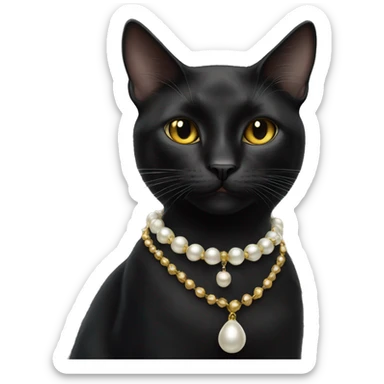 beautiful female black cat wearing gold and pearl necklace  sticker